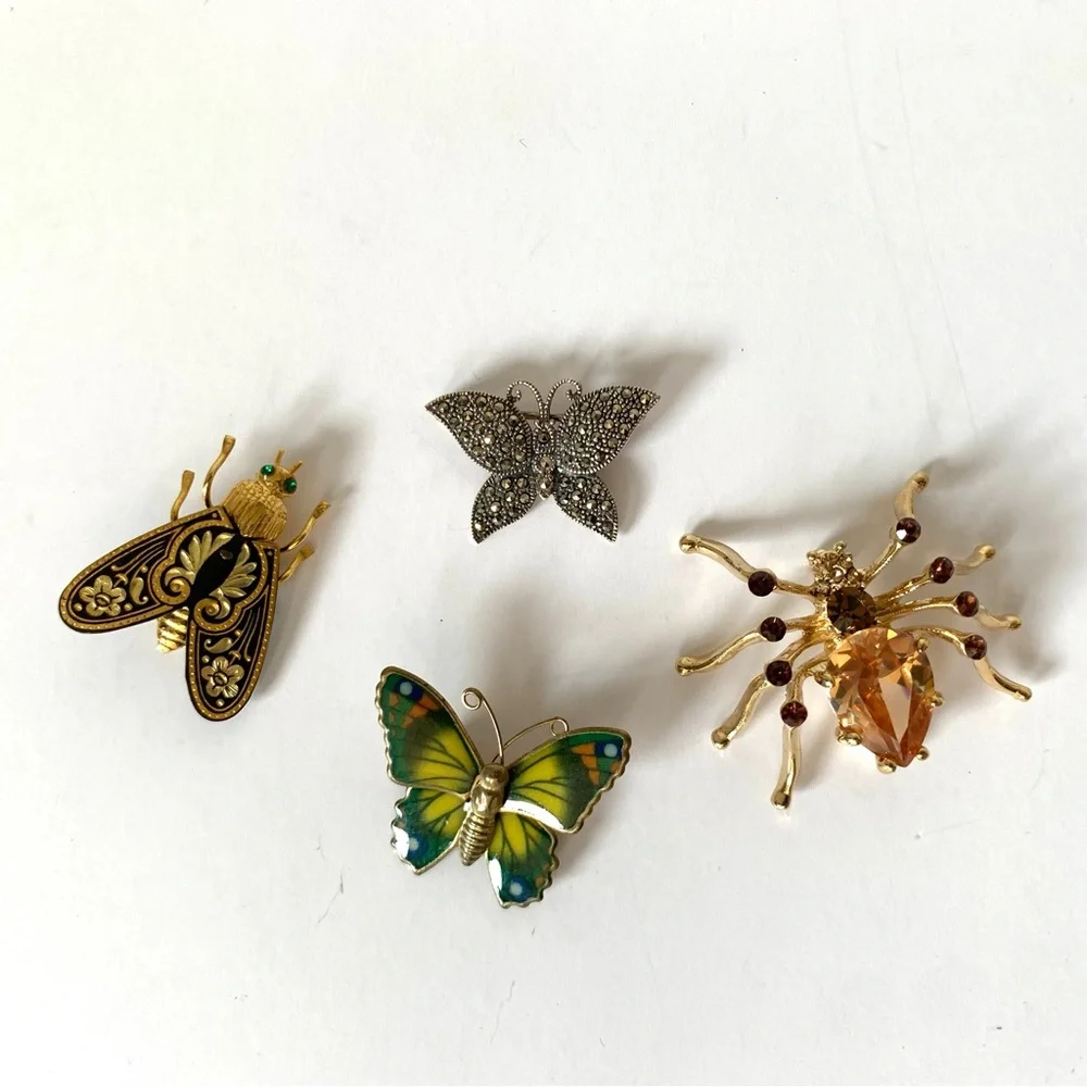 VTG Butterfly Bug Insect Pin Brooches Bundle of  4 Silver Damascene Rhinestone - Picture 10 of 11